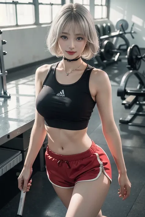 best images quality, RAW photogr, 超高分辨率, gently smiling, 16 years old Korean, Large breasts, Chopping, White skin of the, Fair and shiny skin, a short bob, bright silver hair, neatly matched bangs, Short T-shirt, track suit, running shorts, pretty eyes, be...