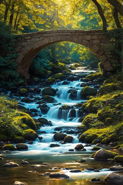 (a stone bridge) spanning a (serene river), (surrounded by lush greenery),(with gentle ripples reflecting the bridge in the water).(The bridge is made of intricately carved stone, with beautiful arches and intricate patterns.) The (clear blue) sky above ca...