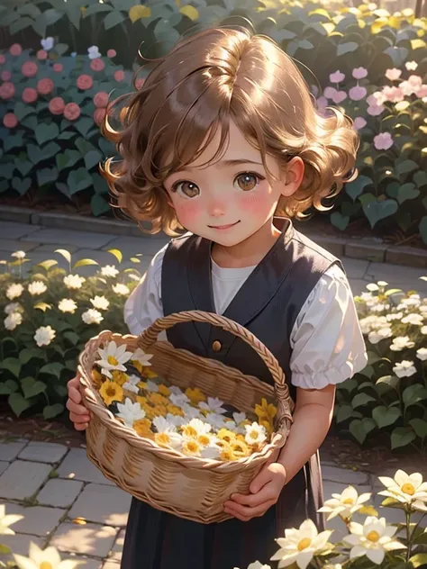 (best quality,4k,highres,masterpiece:1.2), (ultra-detailed,realistic:1.37), portrait, boy, cute, light brown hair, rose garden, basket of flowers, shy smile, Happy, boy, 10-year-old, uniform, sailor uniform,