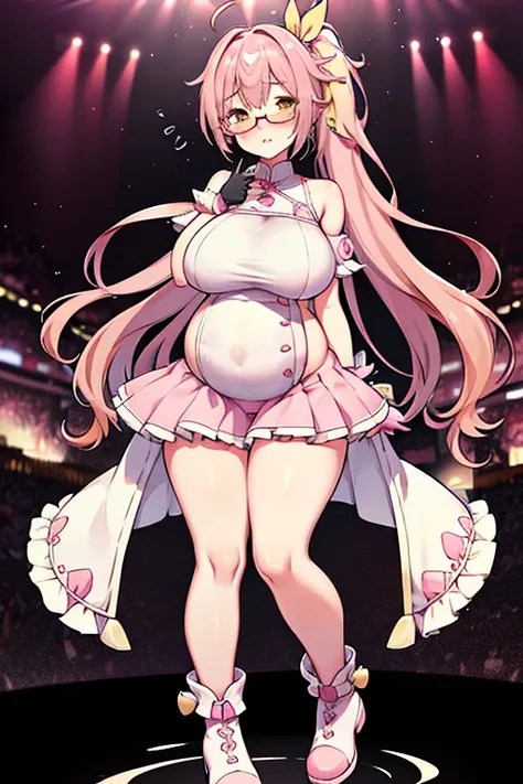 full body girl, pregnant, huge belly, huge breasts, yellow eyes, glasses, boots, shy, earrings, hair ribbon, long hair, side pon...