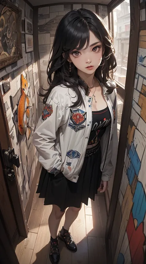 (((8k wallpaper of extremely detailed CG unit:1.2, ​masterpiece, hight resolution:1.2, top-quality:1.2, masutepiece))), ((a very beautiful woman, Hands in pockets:1.8, Grunge Fashion, Wearing a blouson, Wearing a long skirt, Wearing shoes)), ((extra detail...