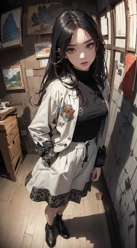 (((8k wallpaper of extremely detailed CG unit:1.2, ​masterpiece, hight resolution:1.2, top-quality:1.2, masutepiece))), ((a very beautiful woman, Hands in pockets:1.8, Grunge Fashion, Wearing a blouson, Wearing a long skirt, Wearing shoes)), ((extra detail...