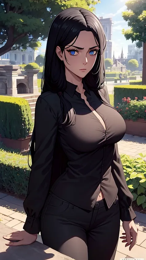 long black hair,black colour suit and black shirt, perfect sized boobs, standing,blue colour eyes,ultra realistic detailed blue ...