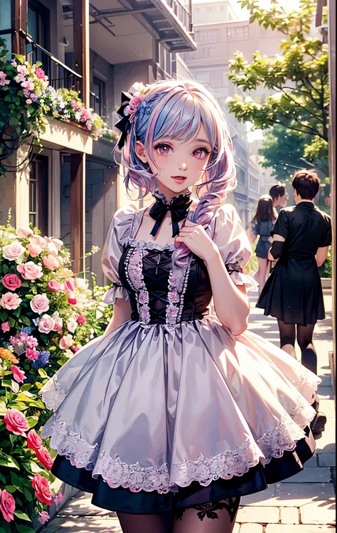 exquisitedetails, Highest quality 8K resolution, Ultra-detailed, Realistic, Vibrant colors, Soft tones, With warm and gentle lighting, (Beautiful Gothic Black Dress, Pretty Pink Ribbon, Beautiful frills:1.2),(Smooth straight pink hair:1.2),(Hair parted in ...