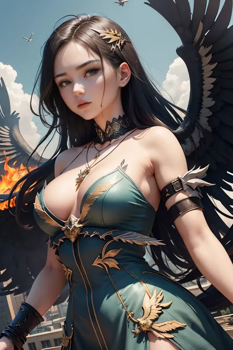 detailed face, super low angle, (flying seraph), Mannequin face with stitched eyelids, (long and wide 12 wings), thick sword on fire, ruins in the city, skyscraper, impact, high speed, flame, (necklace on fire), (battle field), 3 fighter jet,