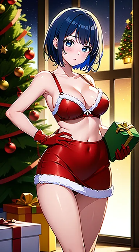 masterpiece, best quality, 1 solo girl, dark blue hair, blue eyes, short hair, wavy hair, Christmas ornaments, medium breasts, mature body and face, red christmas dress, christmas, christmas light, christmas tree, red gloves, red santa skirt, holding gift,...