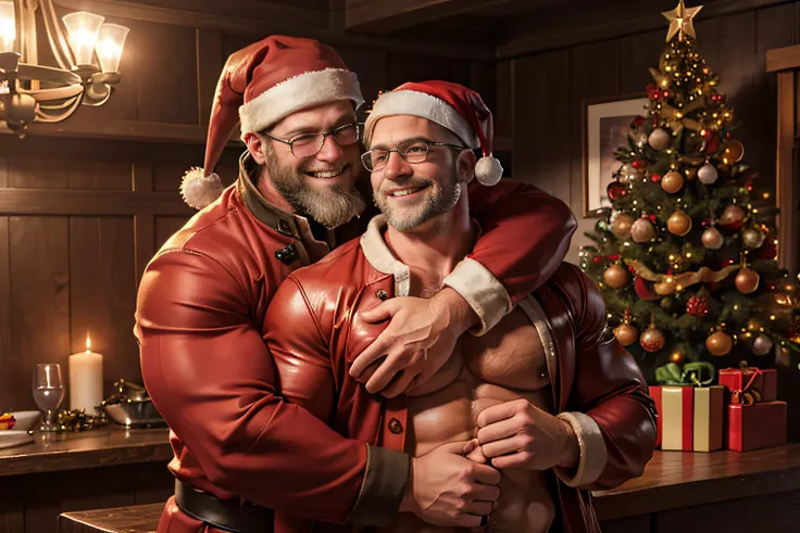 Award-winning original photos,2men, wild muscular men, (40 years old daddy:1.1), beards, burly, hunk, Christmas hats, red Santas coat, smilling happily, one of the man wearing glasses, standing in a room, cold atmosphere, snowy, hugging, detailed, lovely, ...