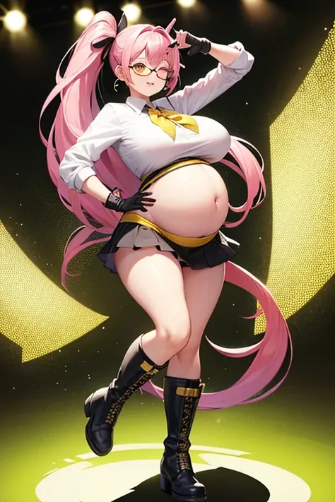 Full body girl, pregnant, huge belly, huge breasts, yellow eyes, glasses, boots, shy, earrings, hair ribbon, long hair, side ponytail, pink hair, visible belly, hands on belly, very thight clothes, idol clothes, gloves, one eye closed, sing, best quality