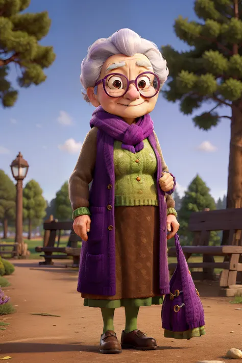 masterpiece, best quality, an old woman with glasses and a scarf on, wearing a purple coat and green scarf, standing at the park