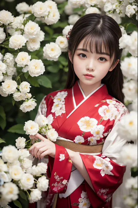 The background is a world of white flowers、Best Quality, masutepiece, High resolution, (((1girl in))), sixteen years old,Red Eyes、Dark red kimono、((Dark red floral kimono)), Tindall Effect, Realistic, Shadow Studio, Red lighting, dual-tone lighting, (High ...