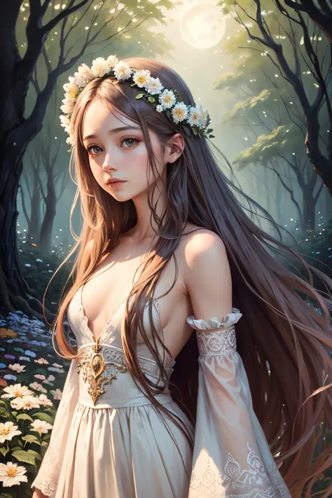 Naked,
prompt: girl in a moonlit garden, beautiful detailed eyes, flowing dress, long hair, peaceful expression, surrounded by flowers and trees, (oil painting),(best quality, highres), soft moonlight, mystical and dreamy atmosphere.