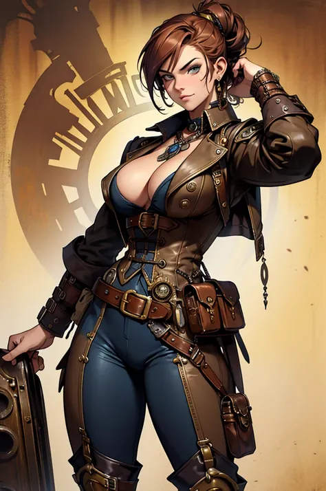 Arte desenho Realista em cores estilo Alex Horley, Soldado mulher bodybuilder full Steampunk, sensual, cabelo curto, corpo inteiro, marreta Steampunk, forja Steampunk, imagens ultra HD