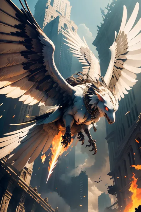 detailed face, super low angle, (flying seraph), plaster face, stitched eyelids, (long and wide 12 wings), thick sword on fire, ruins in the city, skyscraper, impact, high speed, flame, (necklace on fire), (battle field), 3 fighter jet,