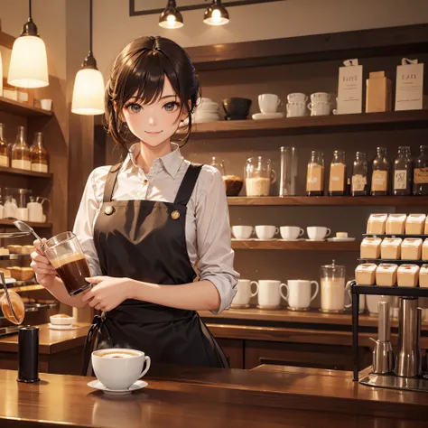 master piece,best quality,A cafe with a stylish atmosphere,Female clerk in café,Cafe uniform,detailed  clothes,a smile,Bright atmosphere in the store,Dynamic,making latte art