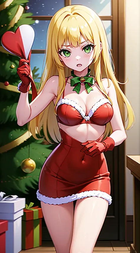 masterpiece, best quality, 1 solo girl, blonde hair, green eyes, long hair, wavy hair, Christmas ornaments, medium breasts, mature body and face, red christmas dress, christmas, christmas light, christmas tree, red gloves, red santa skirt, holding gift, re...