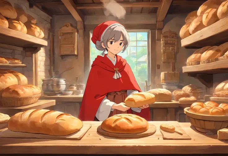 king of bread making、diadems、red cloak、luxurious clothes、Knead bread、work hard、Retro interior