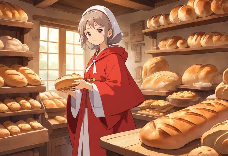 king of bread making、diadems、red cloak、luxurious clothes、Knead bread、work hard、Retro interior