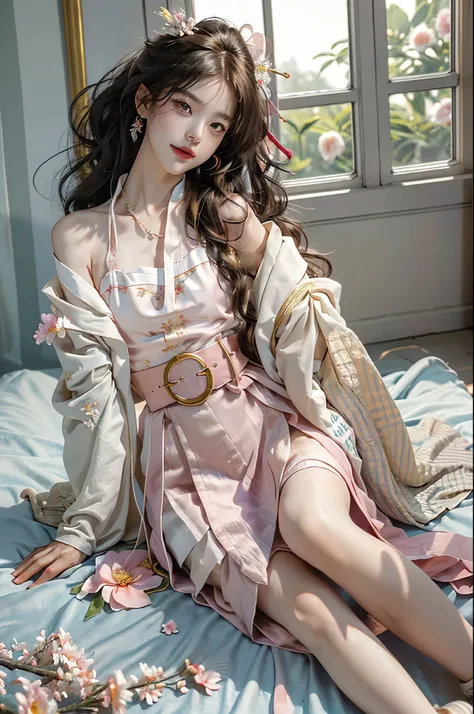 ((full body)), RAW photogr，18 year old sexy model, Cute young girl, messy  hair，Smiled shyly, curlies, golden hair, (Hanfu), (white colors, in pink, amarelo, cyan colors), ((White flower hanfu, draped in silk, DEEP-V COLLAR, high-waist, nice belt)), (white...