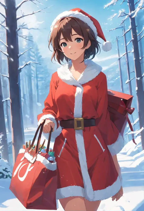 ​masterpiece、masutepiece、superior image quality、offcial art、girl wearing santa costume、Clean face、Smirking expression、wear santa costume、Next to it is a large white bag.、Snowy landscape in the background、