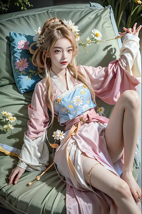 ((full body)), RAW photogr，18 year old sexy model, Cute young girl, messy  hair，Smiled shyly, curlies, golden hair, (Hanfu), (white colors, in pink, amarelo, cyan colors), ((White flower hanfu, draped in silk, DEEP-V COLLAR, high-waist, nice belt)), (white...