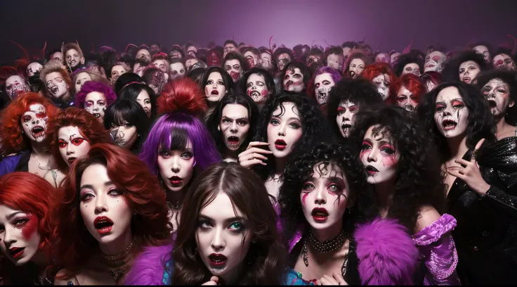 Horde of scary hair zombies from the 1980s, In the style of vibrant album cover art, 80&#39;magnifica, glam death, uhd image, Exuberant