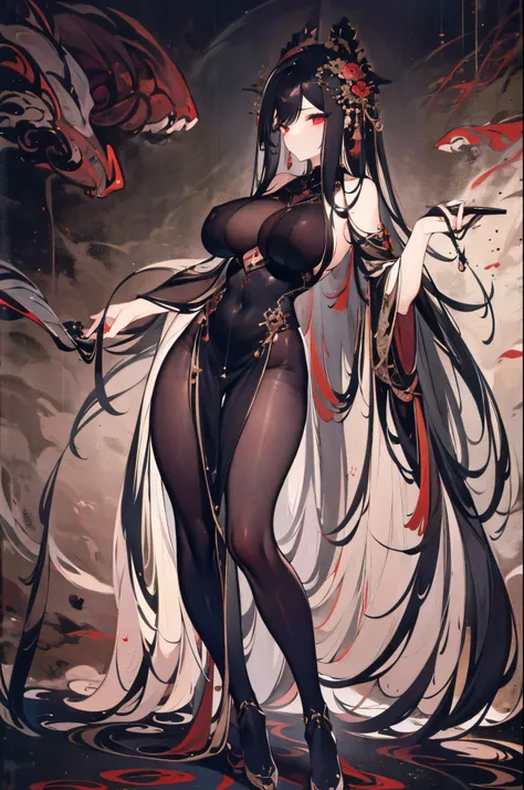 The finest details，Works of masters，Best quality at best，exquisite paintings，Elements of Asian painting，1 girl，Black hair color，Very long hair，Beautiful exquisite eyes，black lence stockings，big breasts thin waist，White and tender skin，queen，(Domineering)，（...