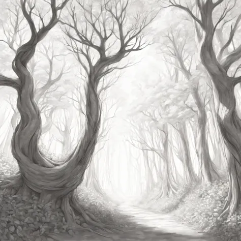 illustratio，(pencil drawing)，black andwhite,ln the forest，(line art)，organic lines，crooked branches，hidden path，dense foliage，Twisted vines，Intertwined tree trunks，Ethereal atmosphere，game of light and shadow，Subtle gradients、Gradient shadows、Mottled sunli...