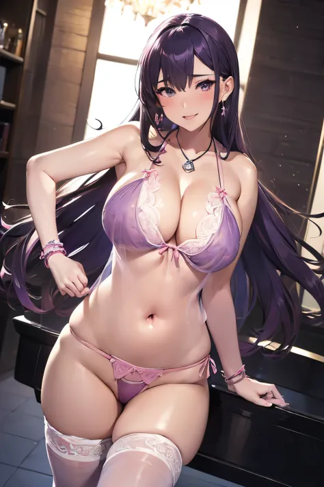 (((purple silk lingerie,[Closed eyes: (Narrowed eyes:1.3):11],chubby figure,Round face,drooing eyes,large boob))),8K, masutepiece, Raw photo, Best Quality, Photorealistic, Highly detailed CG Unity 8k wallpaper, depth of fields, Cinematic Light, Lens Flare,...