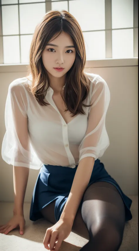 ulzzang -6500-v1.1, (Raw photo:1.2), (Photorealsitic),  (See-through:1.3), (Real:1.4), (Ultra-realistic pantyhose:1.2), Skirt and thighs、game_nffsw,  Beautiful Japan Woman, Nice perfect face with soft skin, Small face with rose-like nose and lips, Beautifu...