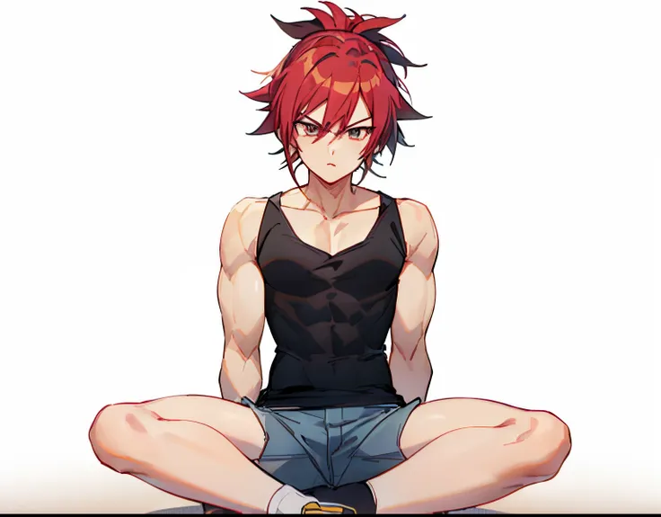 red haired anime boy sitting on floor with legs crossed, anime boy, anime style character, garments:black tank top, boy wearing ...