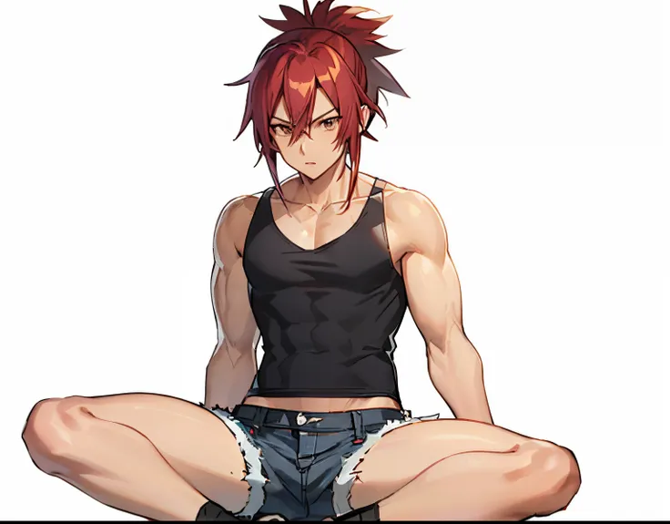 red haired anime boy sitting on floor with legs crossed, anime boy, anime style character, garments:black tank top, boy wearing ...