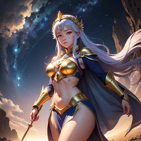 uma imagem da Saori Kido, a Deusa Athena, uma mulher athletic body in its golden armor brilhante, mulher madura, corpo inteiro, seios grande, rosto detalhado, corpo perfeito, holding your spear and protecting your warriors. Ela deve estar em uma pose majes...