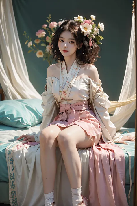 ((full body)), RAW photogr，18 year old sexy model, Cute young girl, messy  hair，Smiled shyly, curlies, golden hair, (Hanfu), (white colors, in pink, amarelo, cyan colors), ((White flower hanfu, draped in silk, cropped shoulders, high-waist, nice belt)), (w...