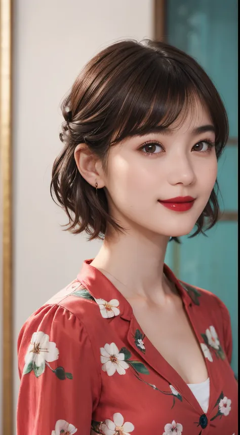 109
(a 20 yo woman,is standing), (A hyper-realistic), (high-level image quality), ((beautiful hairstyle 46)), ((short-hair)), (Gentle smile), (Keep your mouth shut), (lipsticks), (breasted:1.1), Floral clothing