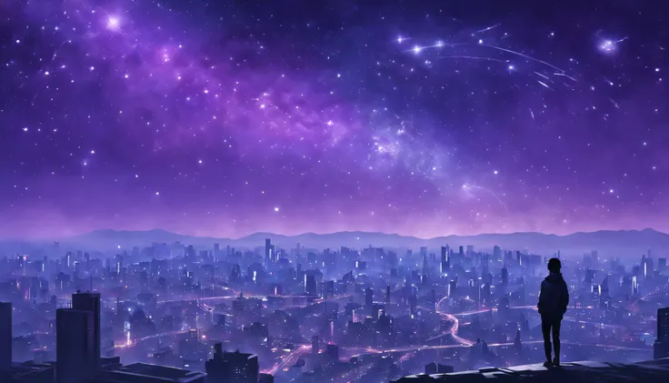 Starry sky and zodiac constellations, The purple hue is like a nebula, Vast space, The city at the bottom of cyberpunk,