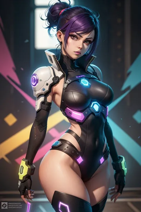 Cyber punk girl, mundo de fantasia, fundo escuro, overwatch, design limpo, epic instagram, artstation, splash de tinta colorida, contorno, hiperdetalhado intrincadamente detalhado, seios grande, motor irreal, genial, detalhe intrincado, tela inicial, cores...