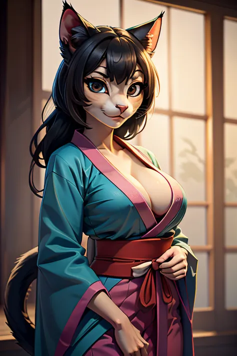 ((ultra quality)), ((tmasterpiece)), girl-khajiit, japanese woman, anthro cat, furry cat, ((long beautiful black hair)), ((there...