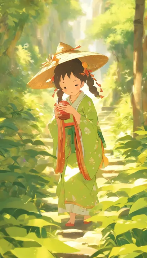 【illustration】A girl picking tea（The composition of the characters is small）。Beautiful and cute tea picking girl（traditional student clothing），Go to tea mountains to pick tea；Carrying a small bamboo basket，Wearing a straw hat。Tea picking girl；Tea plantatio...