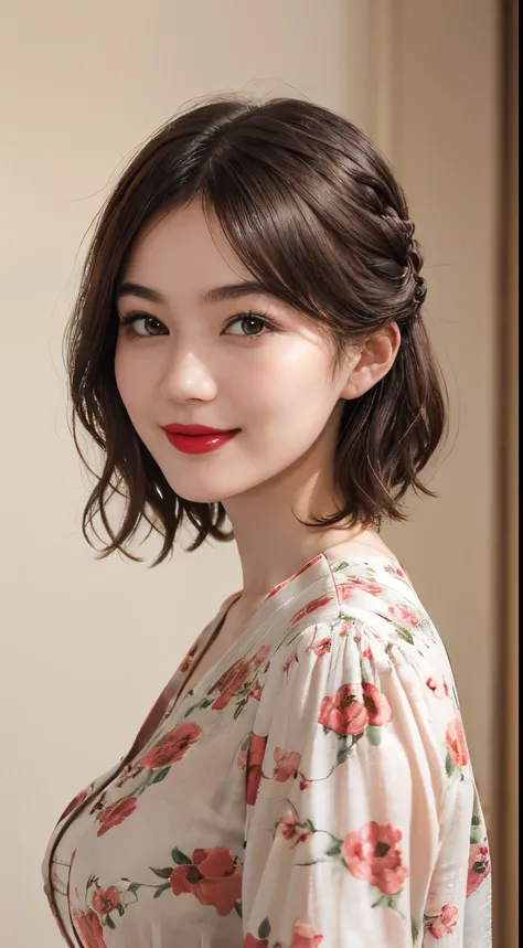 109
(a 20 yo woman,is standing), (A hyper-realistic), (high-level image quality), ((beautiful hairstyle 46)), ((short-hair)), (Gentle smile), (Keep your mouth shut), (lipsticks), (breasted:1.1), Floral clothing