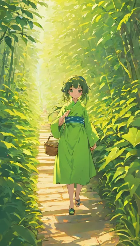 【illustration】A Chinese girl picking tea（The composition of the characters is small）。Beautiful and cute tea picking girl（traditional student clothing），Go to tea mountains to pick tea；Carrying a small bamboo basket，Wearing a straw hat。Tea picking girl；Tea p...