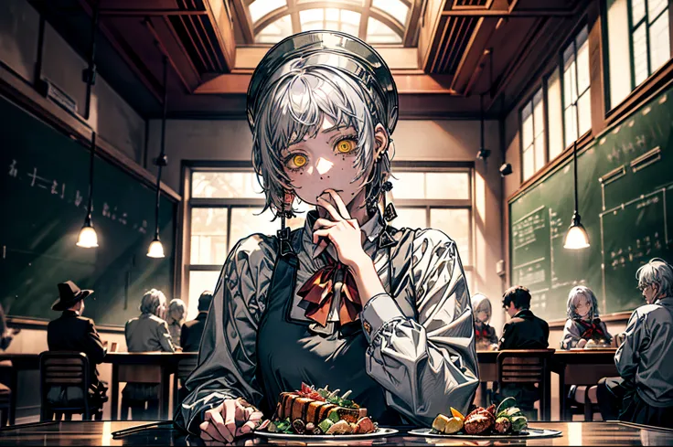 masterpiece, high quality, best quality, ultra detailed, official art, unity 8k wallpaper, beautiful and aesthetic, beautiful, (((just 1girl, grey hair, short hair, earrings, yellow eyes, red bow, school uniform, cool girl, expressionless))), solo, In a we...