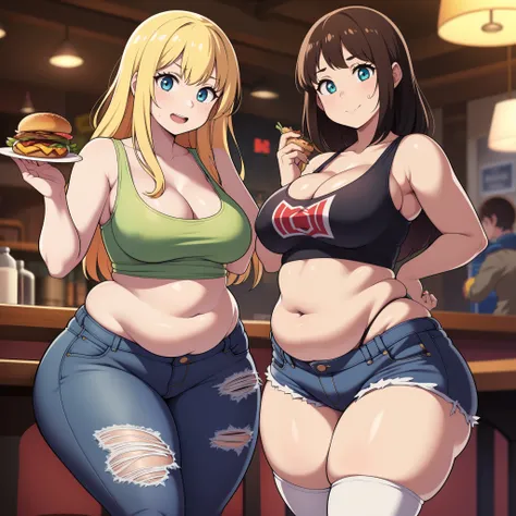 ((highres)), Masterpiece, high quality, best quality, beautiful, perfect lighting, detailed face, ultra cute face, ((2girls)), one girl has blonde hair, blue eyes, crop top and shorts skindentation, one girl has brown hair, green eyes, jeans, white tank to...