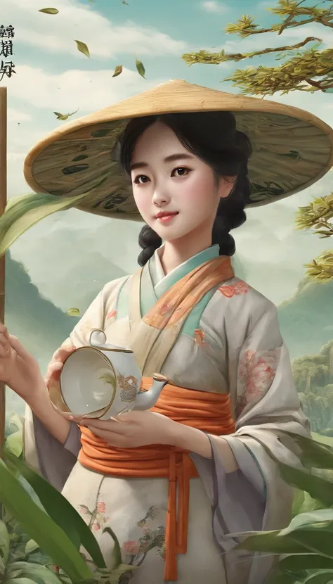 【illustration】A girl picking tea（The composition of the characters is small）。Beautiful and cute tea picking girl（traditional student clothing），Go to tea mountains to pick tea；Carrying a small bamboo basket，Wearing a straw hat。Tea picking girl；Tea plantatio...