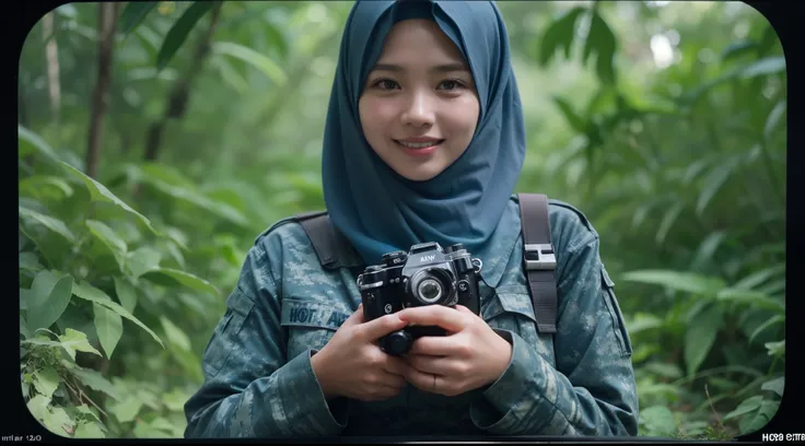 4 beautiful matured 40 years old malay girl in hijab taking picture in a dark jungle, wear bright blue digital camouflage milita...