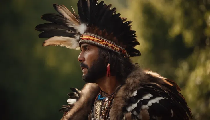 Hyperrealistic cinematic image of a king with feathers on his head..., sentado en una gran hoguera con fuego, rezando,   Guerrero indio, eagle feather, praying in the mountains,  warrior spirit, Tocado indio americano, indigenous art, Storing photos on fil...