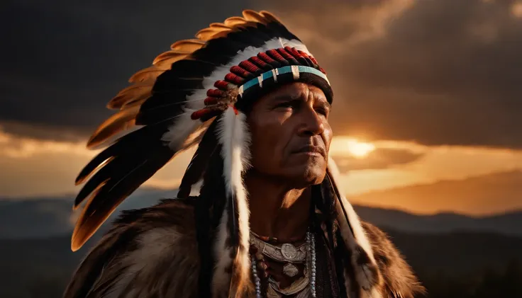 Hyperrealistic cinematic image of a king with feathers on his head..., sentado en una gran hoguera con fuego, rezando,   Guerrero indio, eagle feather, praying in the mountains,  warrior spirit, Tocado indio americano, indigenous art, Storing photos on fil...