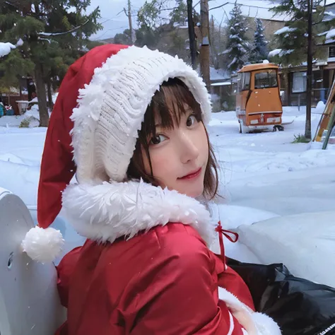 ​masterpiece、masutepiece、superior image quality、offcial art、A girl wearing a Santa costume stands、Clean face、Smirking expression、wear santa costume、FULL BODYSHOT、Snowy landscape in the background