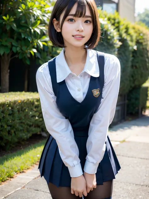 (school uniform:1.5), (photorealistic:1.4), (best quality:1.0), (ultra highres:1.0), 8k, RAW photo, (masterpiece:0.2), ultra-detailed, close short, 1girl, beautiful skin, detailed skin, looking at viewer, full body, (short hair:1), smile, (closed mouth:1)