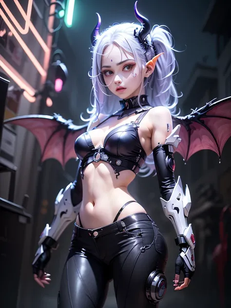 Unbeatable masterpiece, demon girl, Ultra foto realsisim , Perfect artwork , exposto os seios, exposto a calcinha, detalhes intrincados , best quality , luz forte , alto contraste , dynamic pose , Dutch angle , ((profundidade de campo)) , (Background Story...