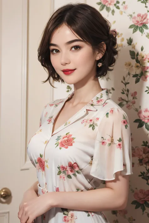 109
(a 20 yo woman,is standing), (A hyper-realistic), (high-level image quality), ((beautiful hairstyle 46)), ((short-hair)), (Gentle smile), (Keep your mouth shut), (lipsticks), (breasted:1.1), Floral clothing